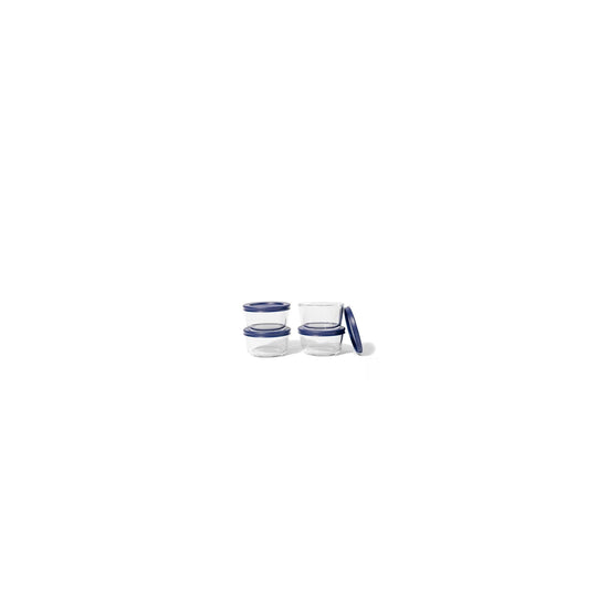 Round glass food storage containers with blue lids