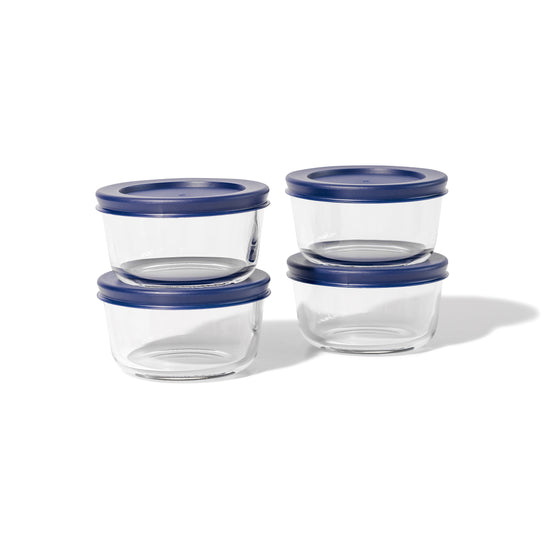 8-piece glass food storage container set with airtight blue lids
