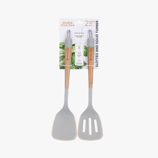 CrispNest solid and slotted turner set with acacia wood handles